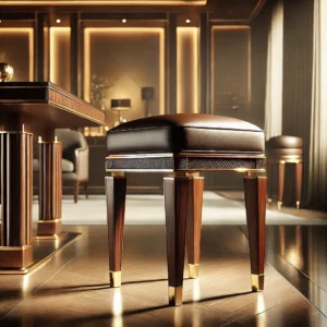 DALL·E 2024-11-12 13.41.19 - A high-quality image of a premium wooden stool. The stool features a luxurious design with a dark polished wood finish, a comfortable leather or cushi
